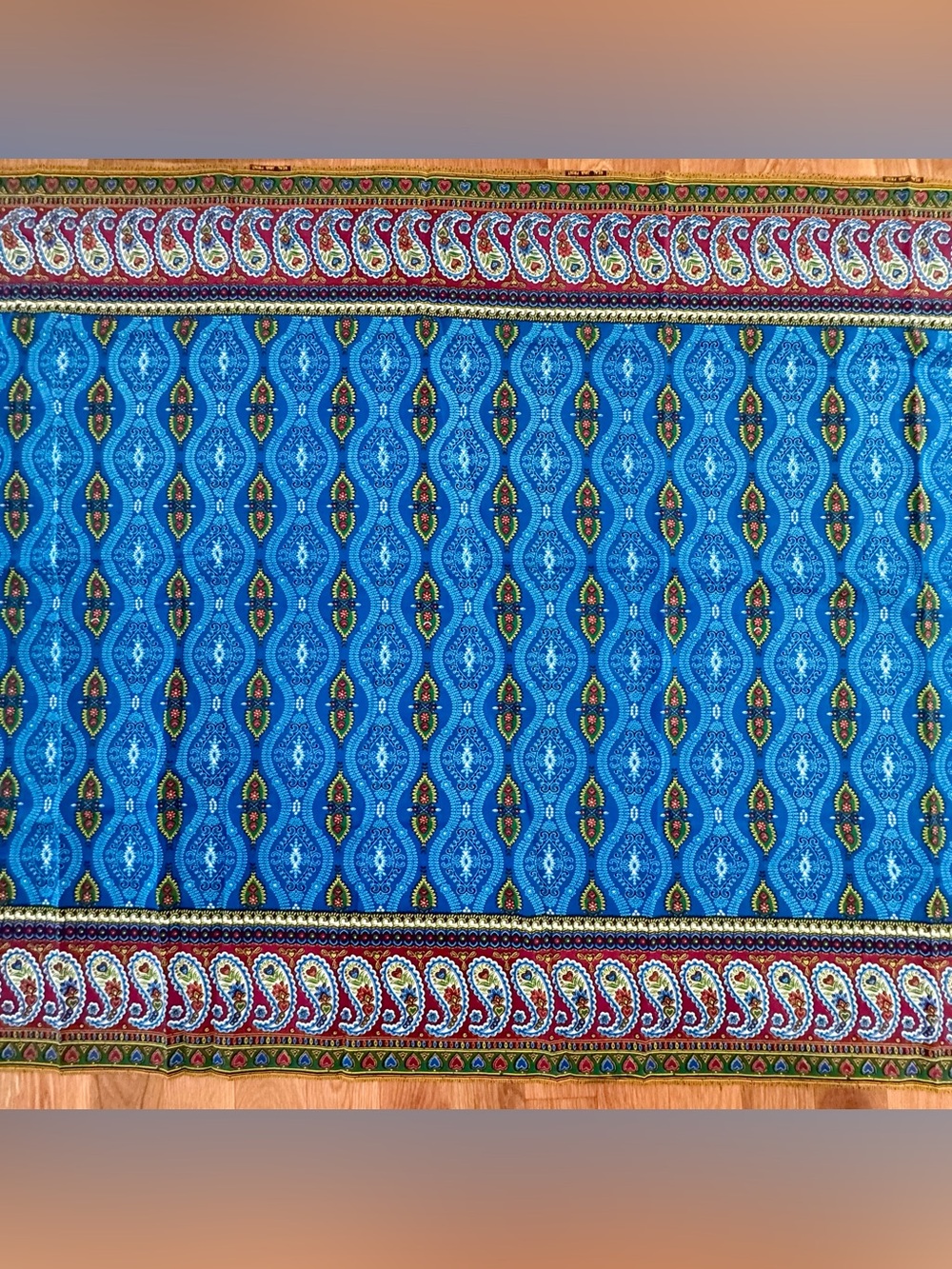 Vintage Real Java Print Fabric 171” x 43” Blue Paisley Border Cotton Fabric Yard